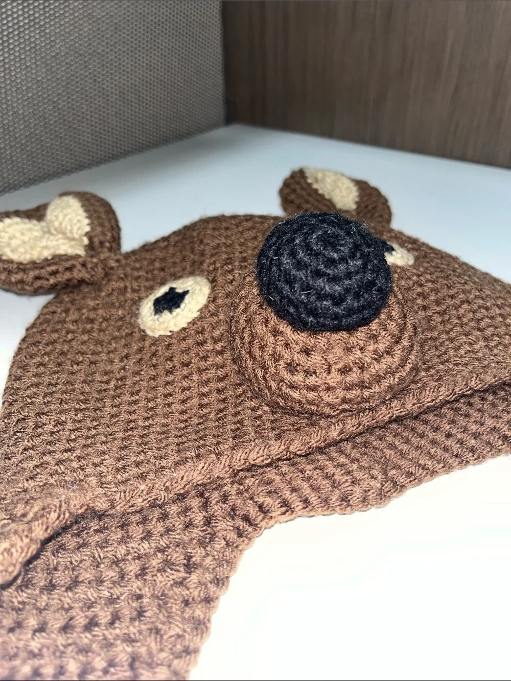 Source Unknown Brown Bear Crochet Earflap Hat with Beige Accents